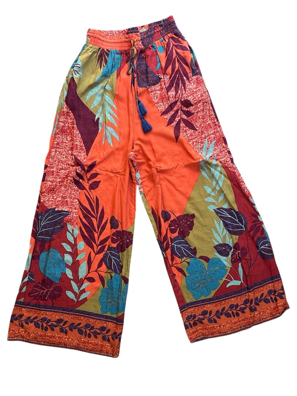 easel Orange Fall Autumn Tropical Palazzo Print Wide-Leg Drawstring Stretch Pant